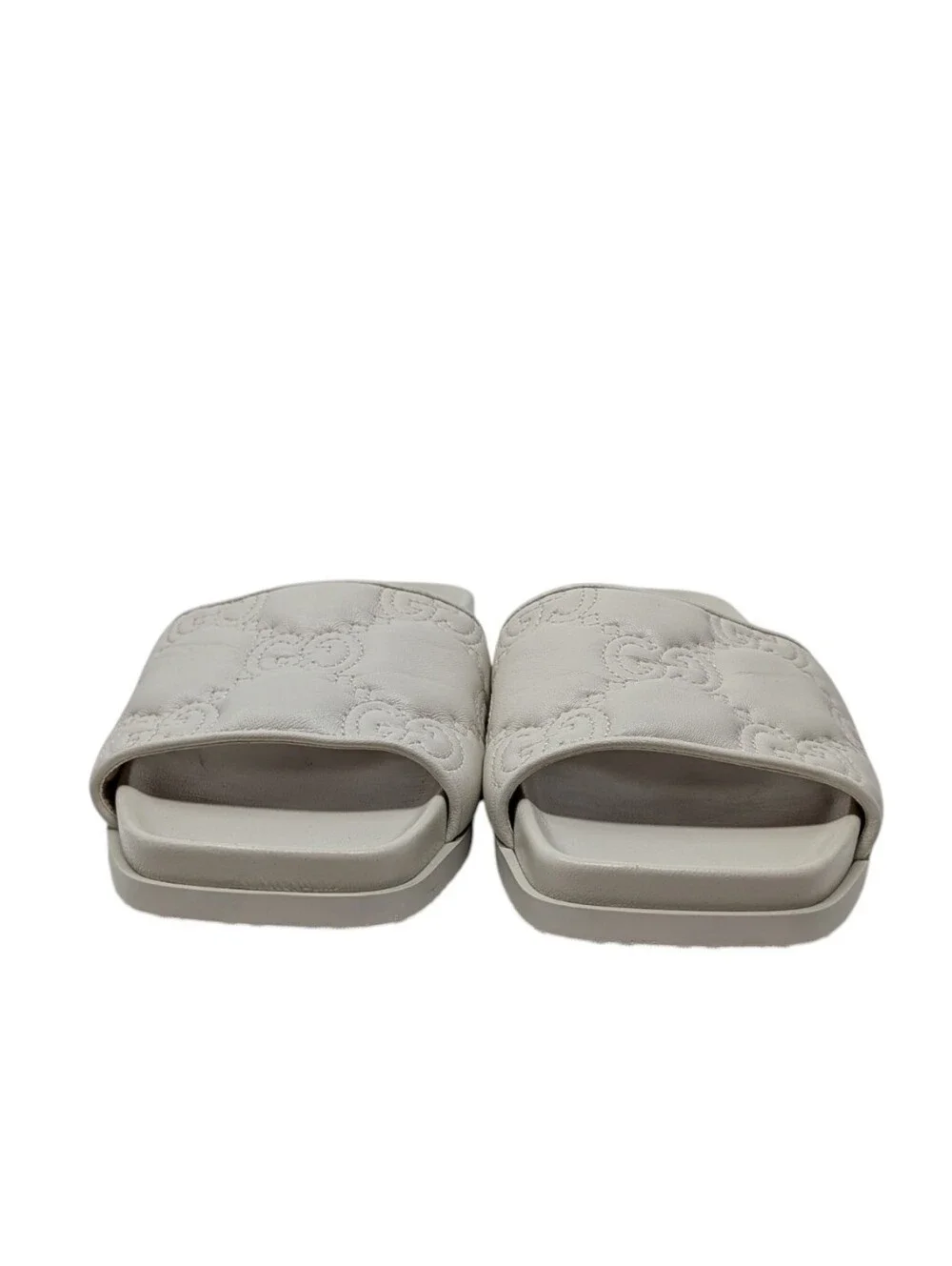 Gucci White Interlocking G Leather Quilted Embroidered Slide Sandals Size EU 39